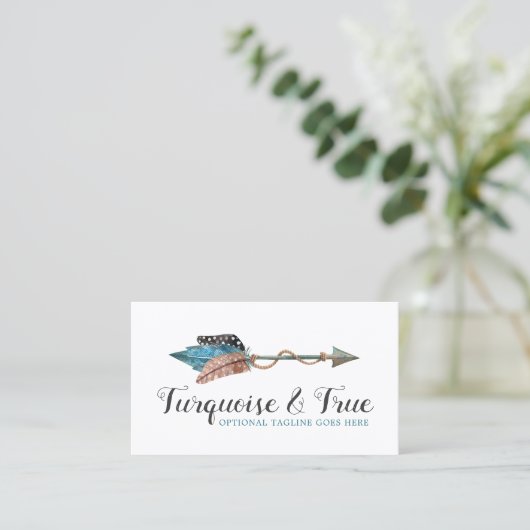 Rustic Turquoise Wood & Feather Arrow Boho Chic Visitekaartje (Staand voorkant)