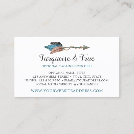 Rustic Turquoise Wood & Feather Arrow Boho Chic Visitekaartje (Achterkant)