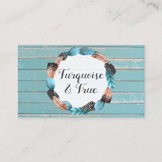 Rustic Turquoise Wood & Feather Arrow Boho Chic Visitekaartje (Voorkant)