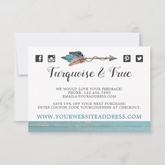 Rustic Turquoise Wood Feather Arrow Dank u wel Kaart (Achterkant)