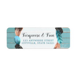 Rustic Turquoise Wood Feather Boho Return Address Etiket