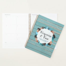 Rustic Turquoise Wood & Feather Wreath Boho Chic Planner