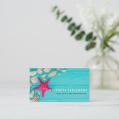 Rustic Turquoise Wood Seashells Hot Pink Starfish Visitekaartje (Staand voorkant)