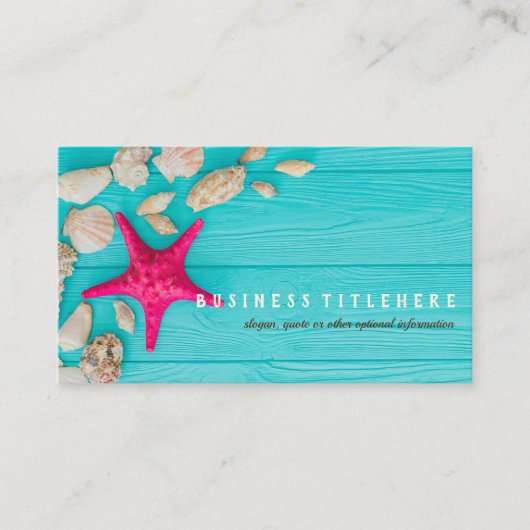 Rustic Turquoise Wood Seashells Hot Pink Starfish Visitekaartje (Voorkant)