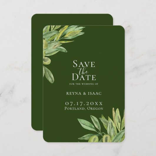 Rustic Tuscan Olive Greenery Save the Date Aankondiging (Voorkant / Achterkant)