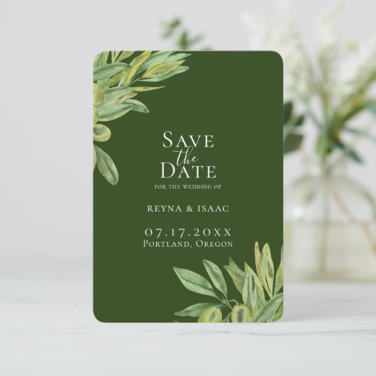 Rustic Tuscan Olive Greenery Save the Date Aankondiging (Staand voorkant)