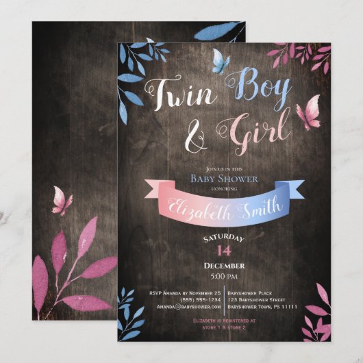 Rustic Twin Boy and Girl watercolor babyshower Kaart (Voorkant / Achterkant)