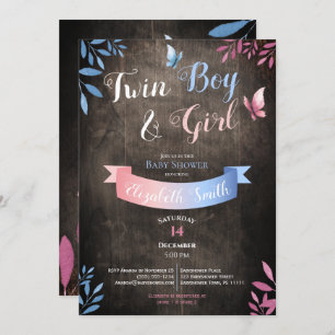 Rustic Twin Boy and Girl watercolor babyshower Kaart