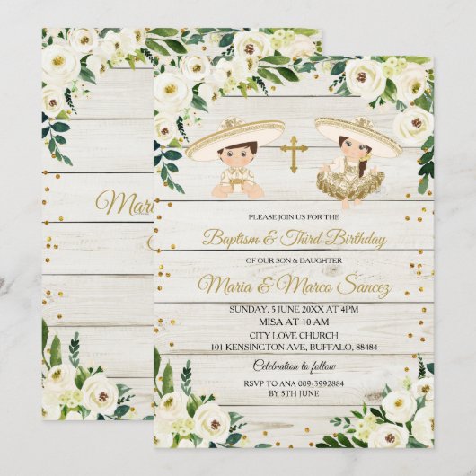 Rustic Twin Mexican Baptism & Third Birthday Kaart (Voorkant / Achterkant)