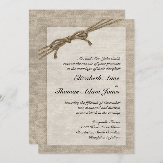 Rustic Twine Bow en Burlap Wedding Invitation Kaart (Voorkant / Achterkant)