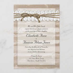 Rustic Twine en Lace Barn Wood Wedding Invitation Kaart