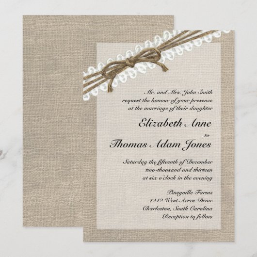 Rustic Twine en Lace Burlap 2 Wedding Invitation Kaart (Voorkant / Achterkant)