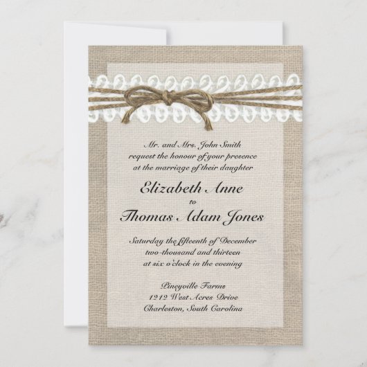Rustic Twine en Lace Burlap Wedding Invitation Kaart (Voorkant)