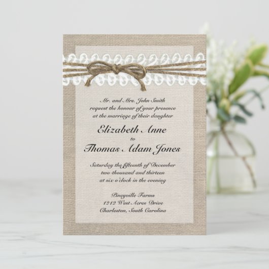 Rustic Twine en Lace Burlap Wedding Invitation Kaart (Staand voorkant)