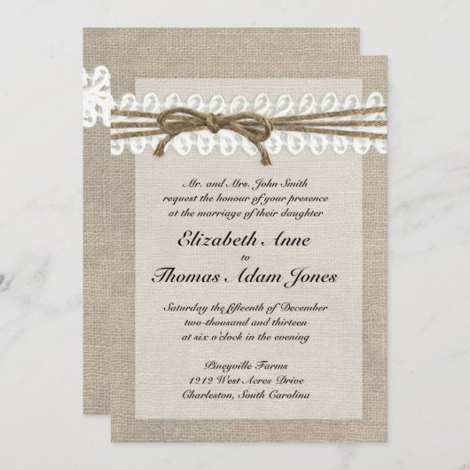Rustic Twine en Lace Burlap Wedding Invitation Kaart (Voorkant / Achterkant)