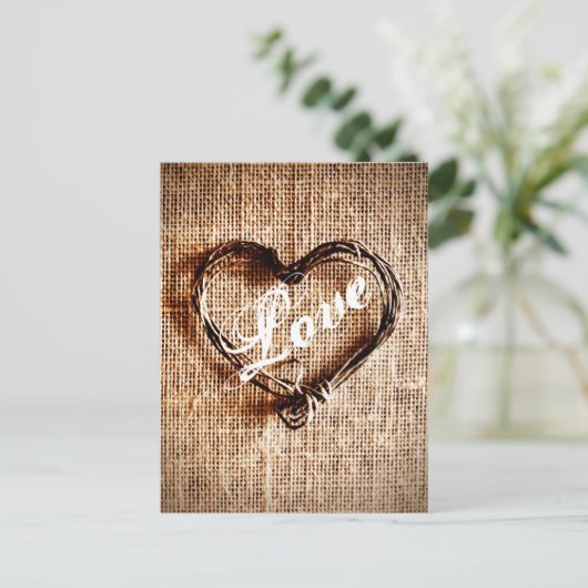Rustic Twine Heart Burlap Print LOVE Briefkaart (Staand voorkant)