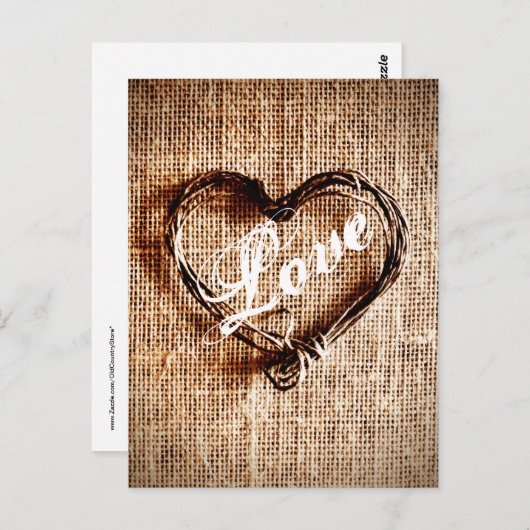 Rustic Twine Heart Burlap Print LOVE Briefkaart (Voorkant / Achterkant)