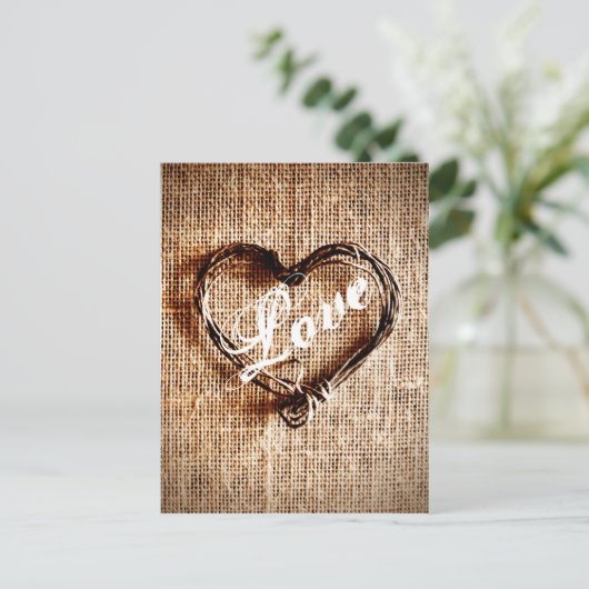Rustic Twine Heart Burlap Print LOVE Briefkaart (Staand voorkant)