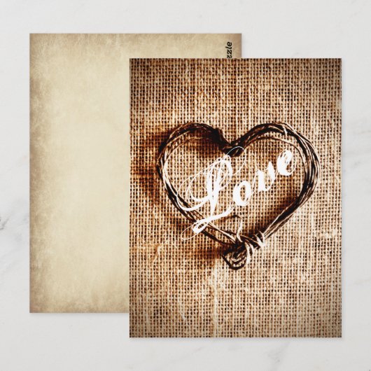 Rustic Twine Heart Burlap Print LOVE Briefkaart (Voorkant / Achterkant)