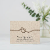 Rustic Twine Knot Burlap Save the Date Aankondigingskaart (Staand voorkant)