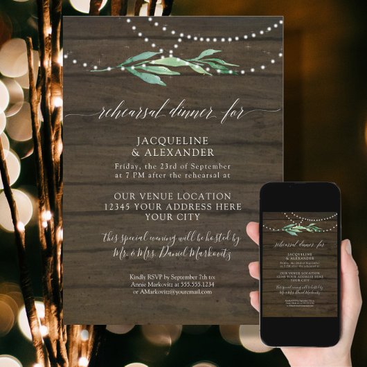 Rustic Twinkle Lights Greenery Rehearsal Dinner Kaart