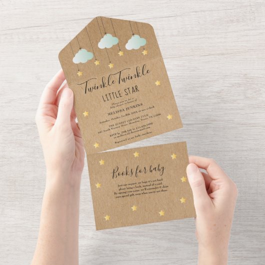 Rustic Twinkle Twinkle Neutraal Baby shower All In One Uitnodiging (Afscheurbaar)