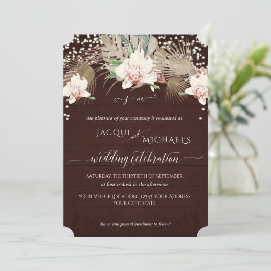 Rustic Twinkle White Orchid Floral Burgundy Wood Kaart (Staand voorkant)