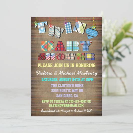 Rustic Twins Baby Boy Babydouche Uitnodigingen (Staand voorkant)