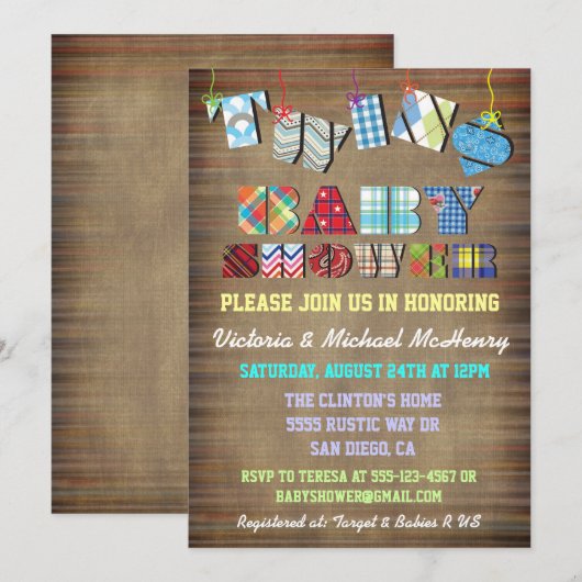Rustic Twins Baby Boy Babydouche Uitnodigingen (Voorkant / Achterkant)