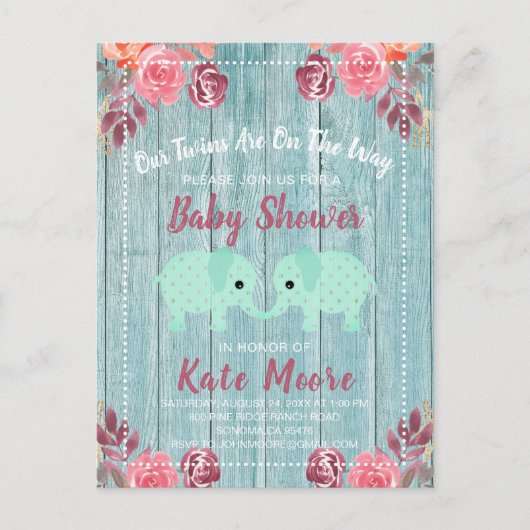 Rustic Twins Baby Elephants Baby shower Blue Green Briefkaart (Voorkant)