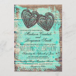 Rustic Two Hearts Barn Wood Aqua Wedding Invites Kaart