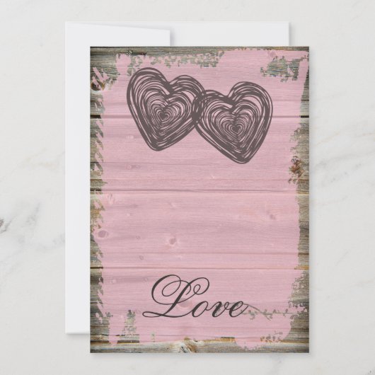 Rustic Two Hearts Barn Wood Pink Wedding Invites Kaart (Achterkant)