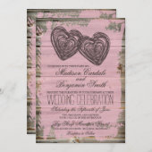 Rustic Two Hearts Barn Wood Pink Wedding Invites Kaart (Voorkant / Achterkant)