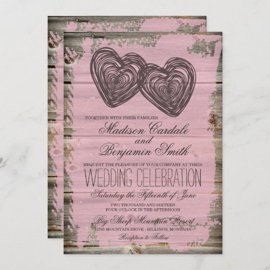 Rustic Two Hearts Barn Wood Pink Wedding Invites Kaart (Voorkant / Achterkant)
