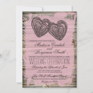 Rustic Two Hearts Barn Wood Pink Wedding Invites Kaart