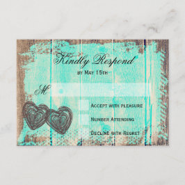 Rustic Two Hearts Wood Aqua Wedding RSVP-kaarten RSVP Kaartje