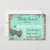 Rustic Two Hearts Wood Aqua Wedding RSVP-kaarten RSVP Kaartje (Voorkant)