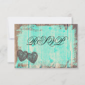 Rustic Two Hearts Wood Aqua Wedding RSVP-kaarten RSVP Kaartje (Achterkant)