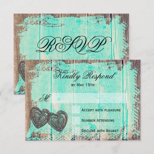 Rustic Two Hearts Wood Aqua Wedding RSVP-kaarten RSVP Kaartje (Voorkant / Achterkant)
