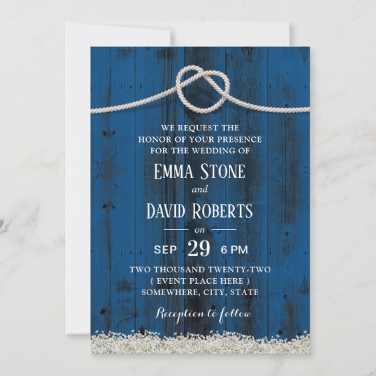 Rustic Tying the Knot Navy Blue Barn Wood Weddensc Kaart (Voorkant)