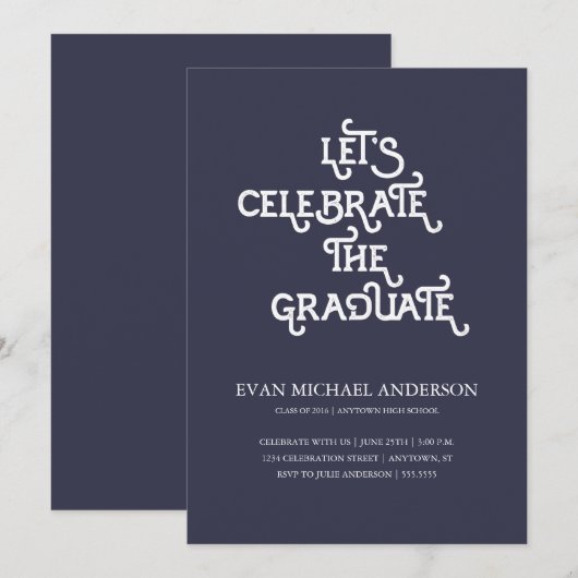 Rustic Type Donkerblauw Afstuderen Uitnodiging (Voorkant / Achterkant)