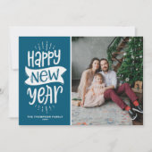 Rustic Typografie Blue Happy Nieuwjaarsfoto Feestdagenkaart (Voorkant)
