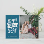 Rustic Typografie Blue Happy Nieuwjaarsfoto Feestdagenkaart (Staand voorkant)