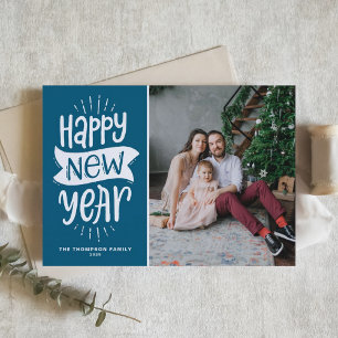 Rustic Typografie Blue Happy Nieuwjaarsfoto Feestdagenkaart
