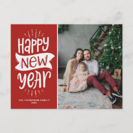 Rustic Typografie Red Happy Nieuwjaarsfoto Feestdagenkaart