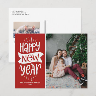 Rustic Typografie Red Happy Nieuwjaarsfoto Feestdagenkaart