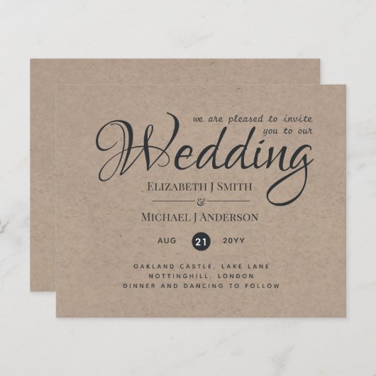 Rustic TYPOGRAHY Wedding Invites - Kraft Kijk (Voorkant / Achterkant)