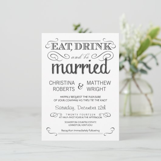 Rustic Typography Black & White Wedding Invitation Kaart (Staand voorkant)
