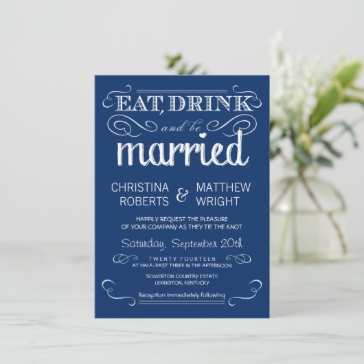 Rustic Typography Blue Wedding Invitations Kaart (Staand voorkant)