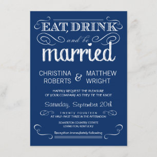 Rustic Typography Blue Wedding Invitations Kaart
